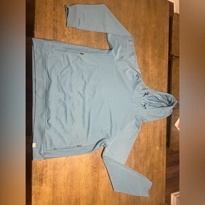 Blue LL Bean hoodie with a cowl neck.